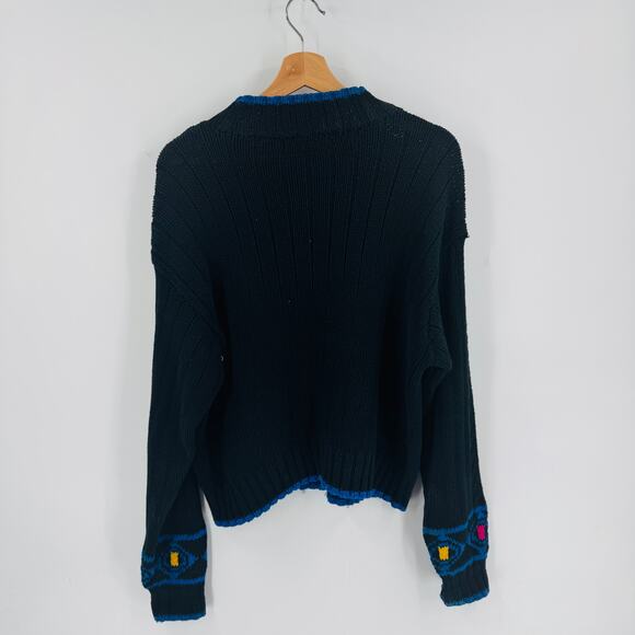 Vintage Liz Wear Knit Crewneck Bright Geo Pattern Black Sweater Size S Small - Picture 2 of 6